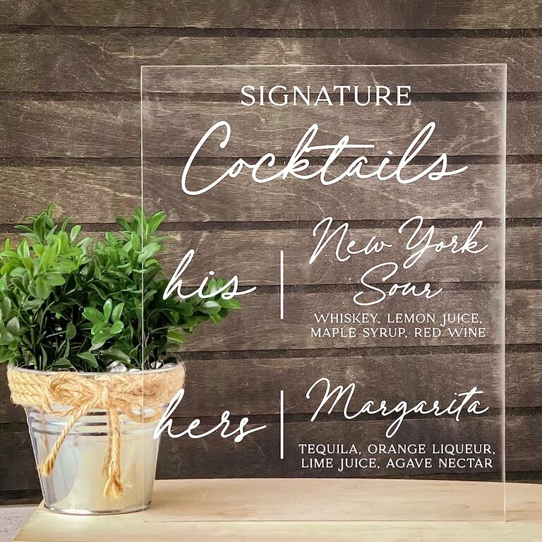 Acrylic signature cocktail sign with white lettering for wedding