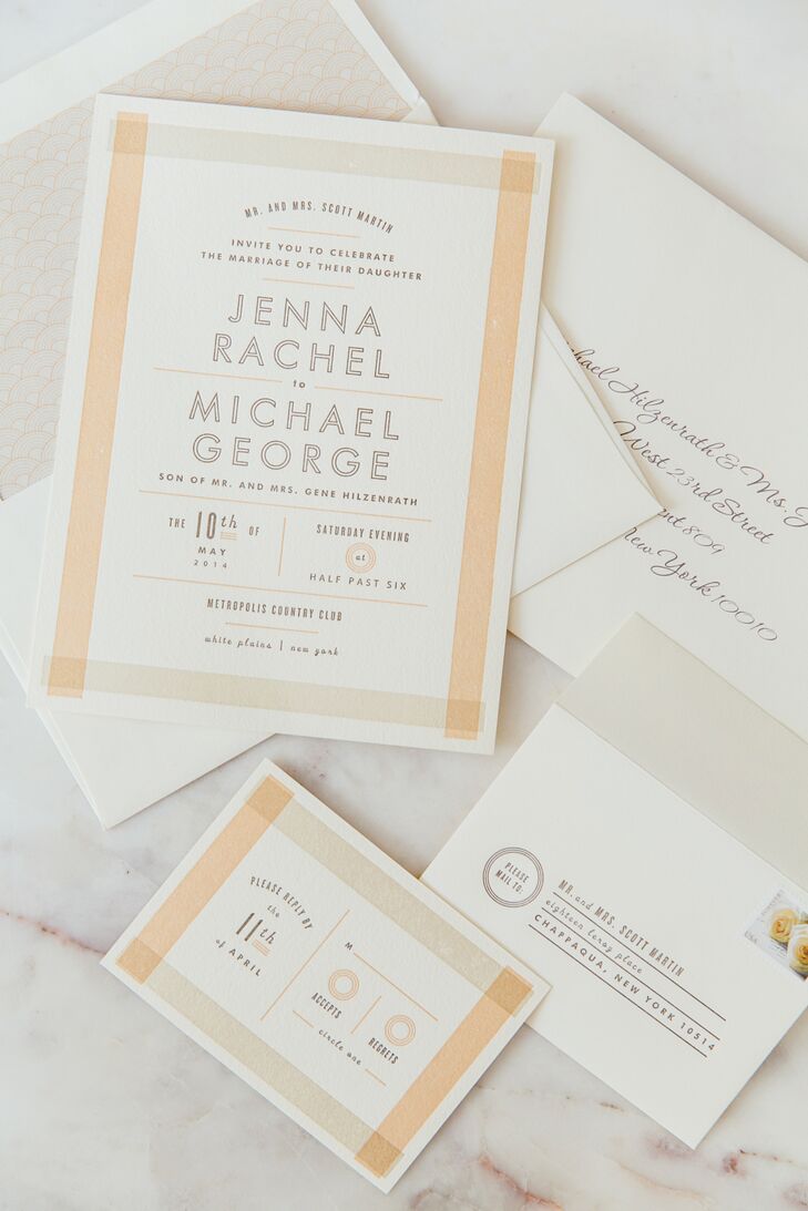 Jenna and Mike filled their invitation suite with personal details. "I wanted something fresh, fun and modern that stood out from the more formal script invitations I usually receive in the mail," she says. With some help from Sincerely Staci, their stationery was just that with a modern take on a classic ivory, peach and off-white color palette.