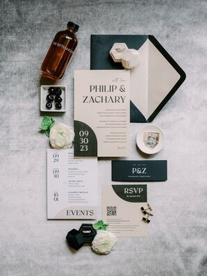 Modern, Deep-Toned Masculine Invitation Suite With Dark Blue and Green Details