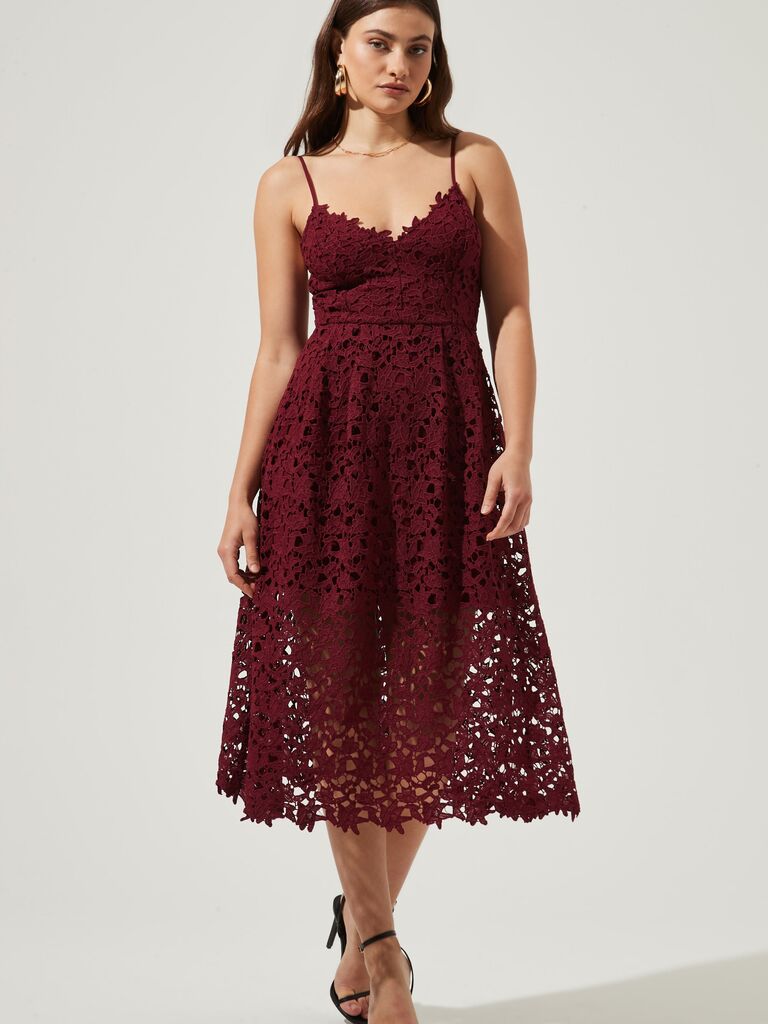 Lace midi-dress in wine/burgundy color with thin shoulder straps from ASTR