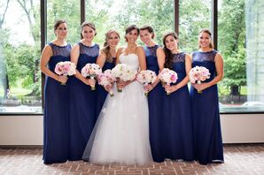 Navy Lace-Accented Bridesmaid Gowns