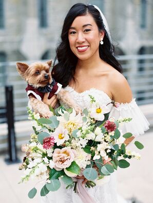 Bride Holding Dog in Suit for Wedding at Machine Shop in Minneapolis, Minnesota