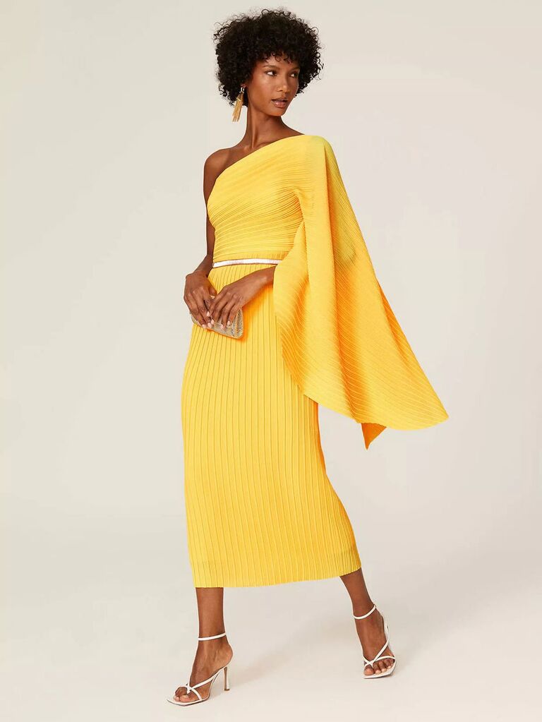 Solace London pleated yellow dress for black-tie optional weddings