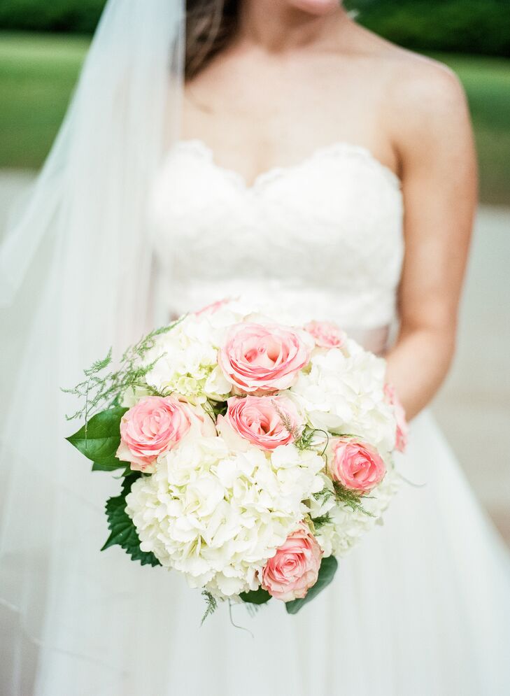White Hydrangea and Pink Rose Round Bridal Bouquet