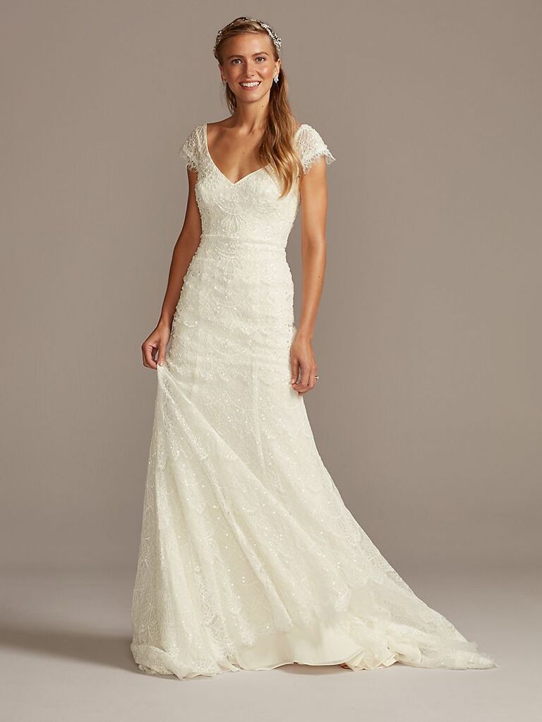 Melissa Sweet hand-beaded lace cap-sleeve tall wedding dress