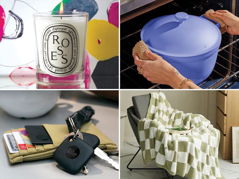 Collage of last minute anniversary gifts, including a luxury candle, a multipurpose pot, Bluetooth tile trackers, and a blanket. 