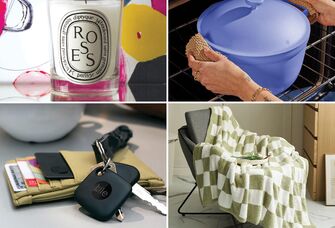 Collage of last minute anniversary gifts, including a luxury candle, a multipurpose pot, Bluetooth tile trackers, and a blanket. 