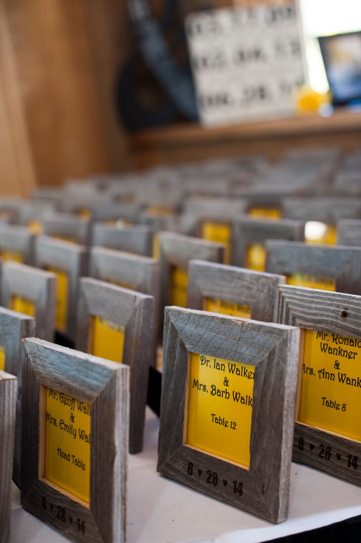 Jessica and Phil made custom wooden frames for their guests with the wedding date for the escort cards.
