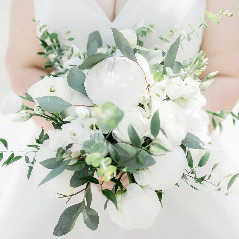 Eucalyptus and peony wedding bouquet