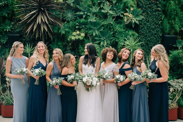 Elegant Bridesmaids in Long Blue Dresses