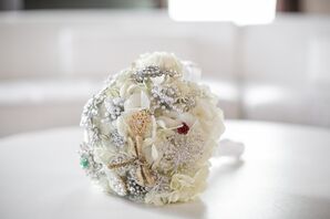 White Hydrangea Bouquet With Silver Brooches