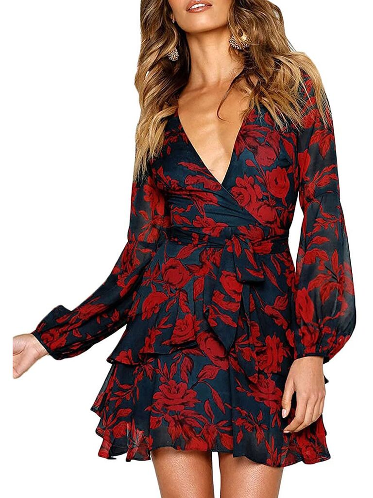 Dark red floral print wrap fall wedding guest dress with long sleeves