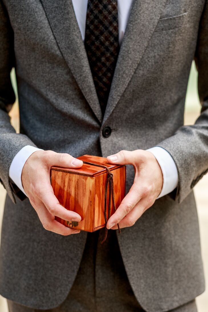 A Custom Slim-Fit Gray Wedding Suit and Wooden Ring Box