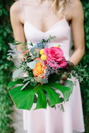 Bridesmaid Bouquets with Roses, Craspedia, Eucalyptus and Tropical Leaves