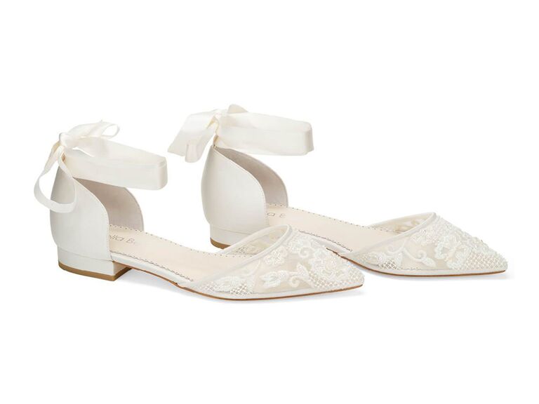 bella belle white lace wedding flats with bow straps and pointed toe