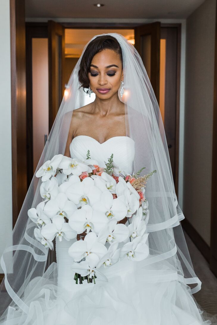 White Orchid Bouquet with Coral Accents