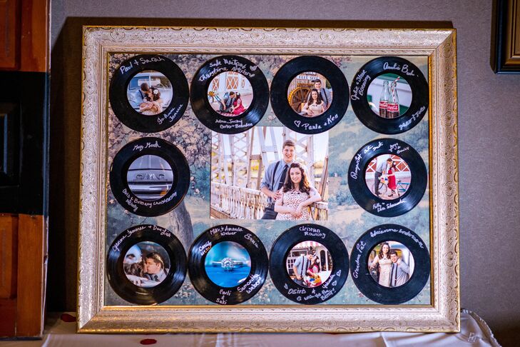 Leah and Cody collected vinyl records at thrift stores to use in both their wedding decor and guest book. Their friends and family signed the records before they were framed with an engagement photo for a beautiful, lasting memento.