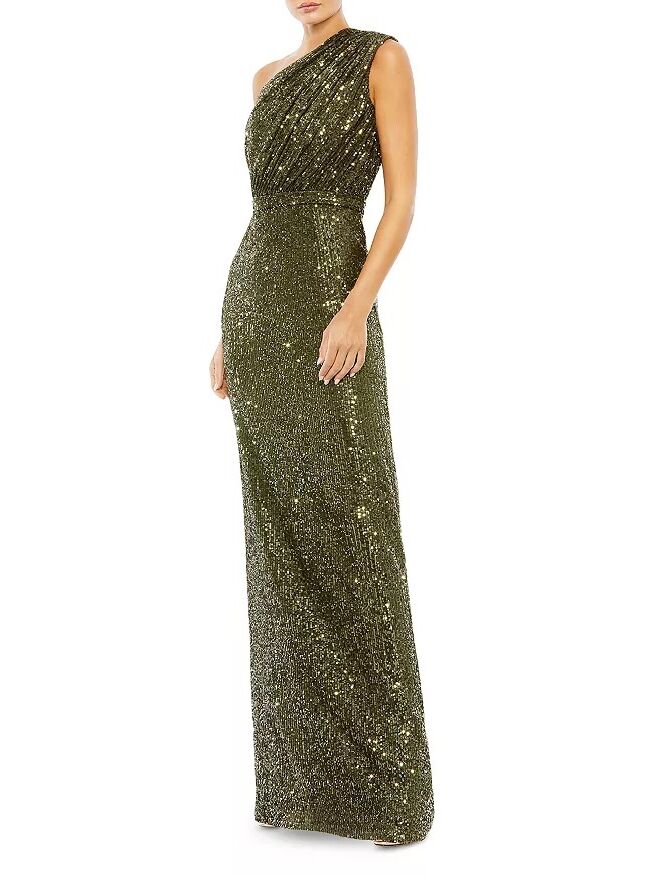A green one shoulder maxi sequin dress from Bloomingdale's