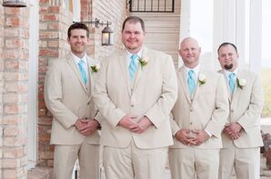 Beige Groomsmen Suits with Aqua Ties