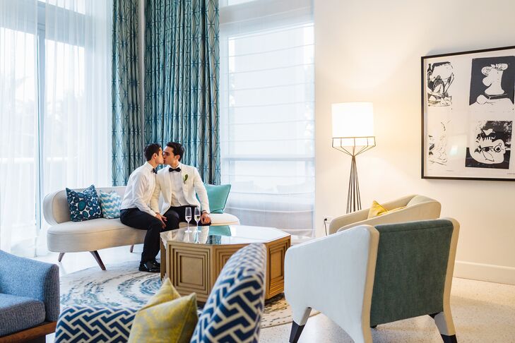 “The interior of the hotel is a throwback heyday of Miami Beach in the 1940s and '50s, and we wanted our wedding to complement that aesthetic,” Wes says. “Since we are two men, we wanted the overall style to be masculine, clean and classic.”