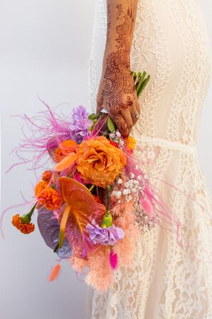 Bold, Colorful Bridal Bouquet With Dyed Calla Lilies, Orange and Lavender Carnations, Modern