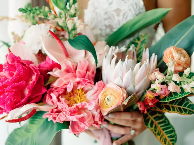 Tropical Ranunculus Bouquet With Anthurium, Protea and Leaves