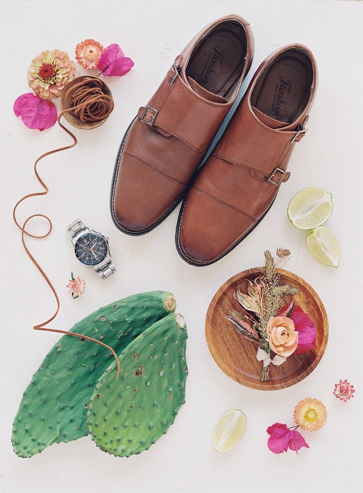 Groom Wedding Accessories Styled with Cacti and Bright Blooms