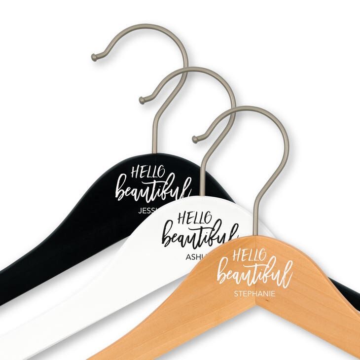 "Hello Beautiful" black, white, and wood bridemaids' clothes hangers from TheKnot Shop