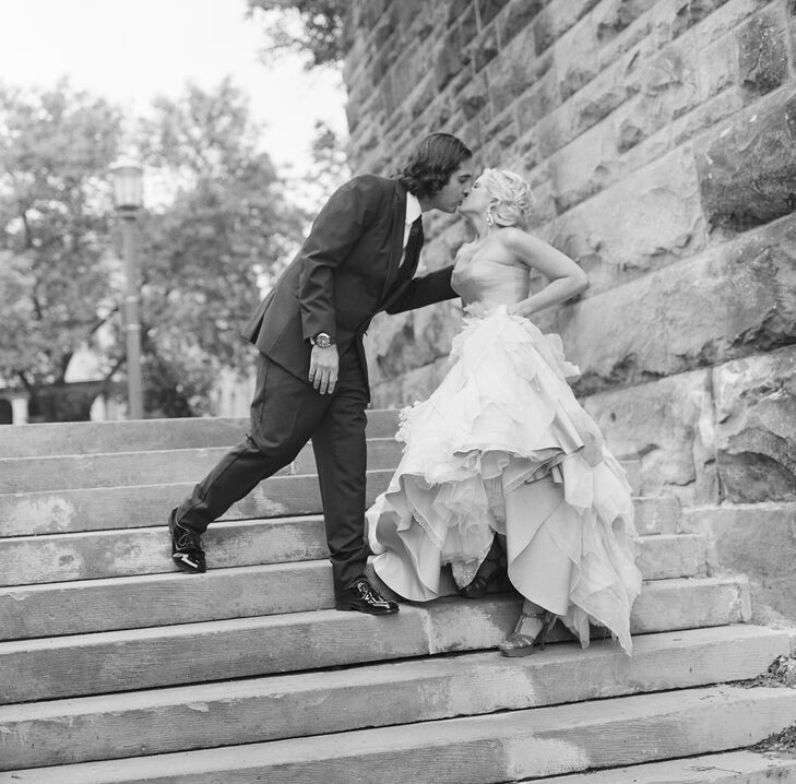 Stealing a kiss before joining their guests inside.
