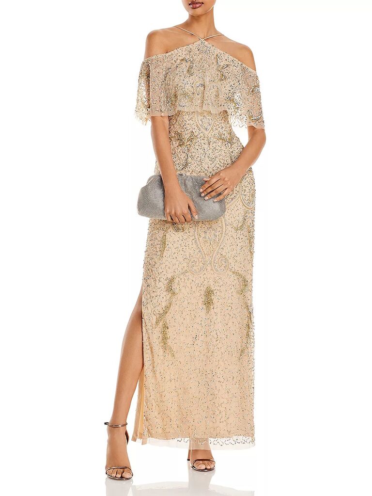 Gold gown with cold shoulder neck and all over beaded embellishments