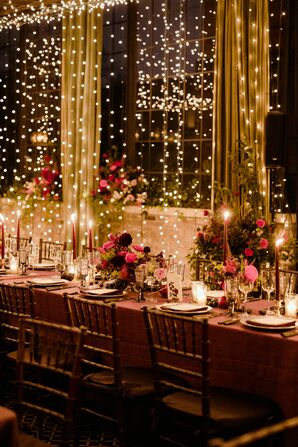 Romantic Dining Table with String Lights and Taper Candles