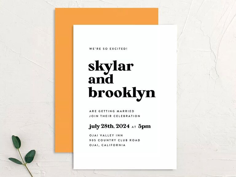 Orange, white and black engagement party invitation