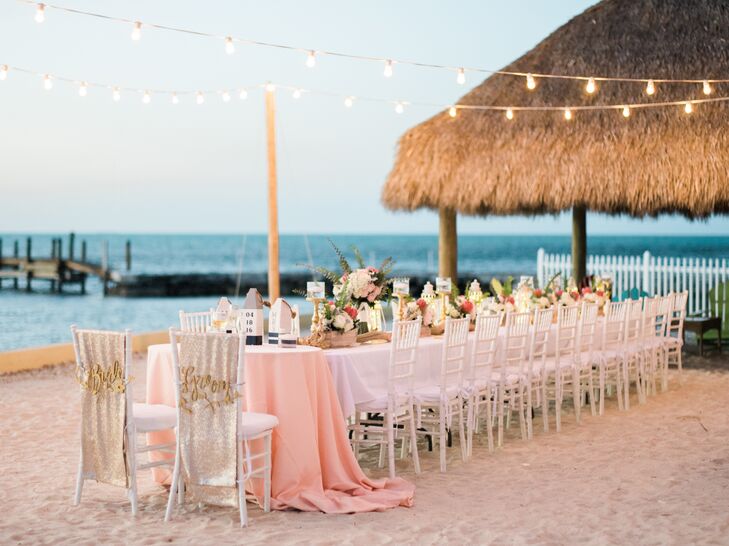 Nicole knew she wanted a single long table and planned accordingly. All 25 guests were able to sit at one table for a family-style meal in the sand under strung twinkling lights.