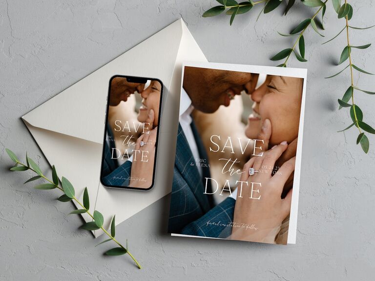 Save-the-date template from Etsy showing image graphic on phone and card