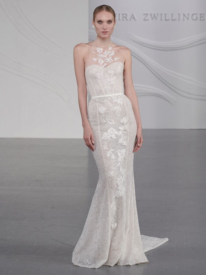 Mira Zwillinger fitted strapless wedding dress with illusion sweetheart corset