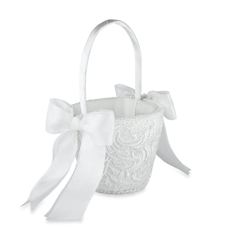 White Lace Flower Girl Basket with Matching Ribbons