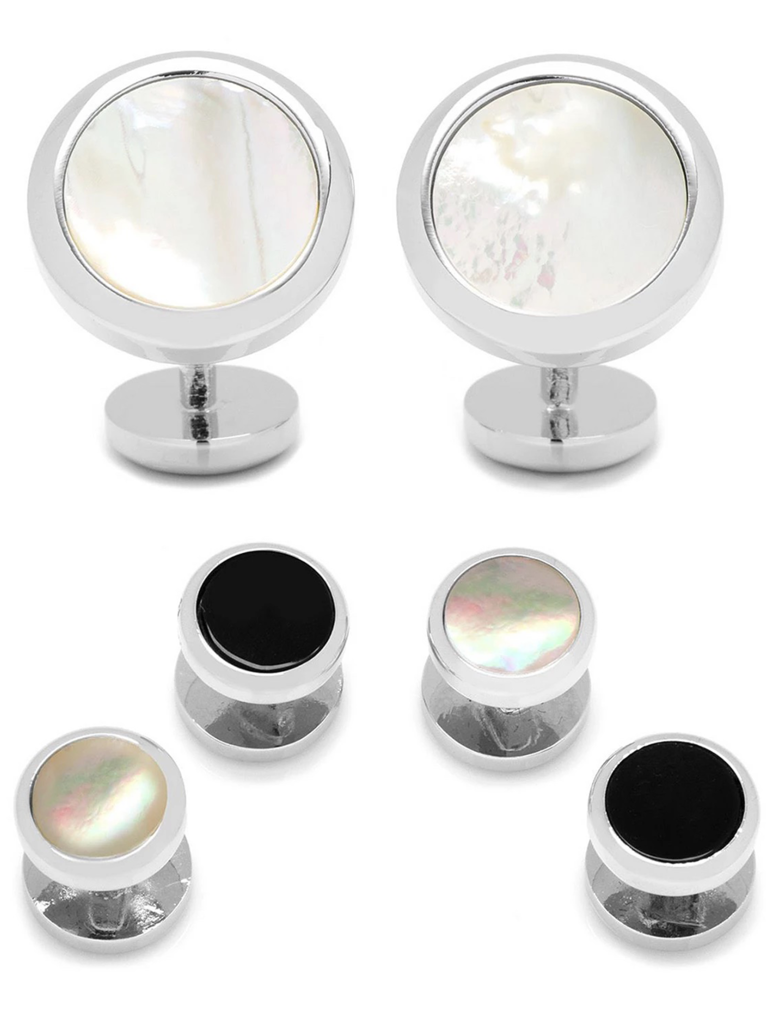 Round onyx and mother of pearl cuff links set in silver
