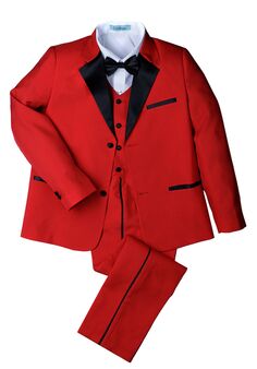 Little Tuxedos "Prodigy" Kids Red Tuxedo (5-Piece Set) Flower Girl Dress and Ring Bearer Outfit