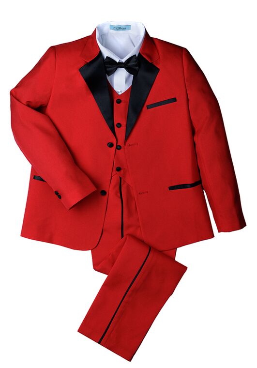 Little Tuxedos "Prodigy" Kids Red Tuxedo (5-Piece Set) Flower Girl Dress and Ring Bearer Outfit - 5