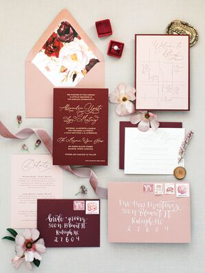Burgundy-and-Blush Invitations for North Carolina Wedding at The Merrimon-Wynne House