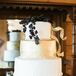 Erica wanted their wedding cake to have a touch of gold, just like her dress. Sherry Moriarty of Cakelady & Company created a jaw-dropping three-tier cake with a gold center tier and gold ribbon details topped with dark blue berries.