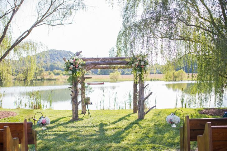 Morgan and Park exchanged vows under a cedar arch with a lake and mountain backdrop. “Our ceremony was one of our favorite parts of the day,” Morgan says. Guests were seated in vintage church pews, and the aisle was lined with mini floral arrangements hanging in glass vases. “It truly made it feel like an outdoor church,” Morgan says. “We chose this location because so many of our adventures have taken place outside while camping, hiking, picnicking and exploring. It is our happy place.”