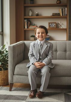 Little Tuxedos "Mason" Kids Light Grey Suit (5-Piece Set) Flower Girl Dress and Ring Bearer Outfit