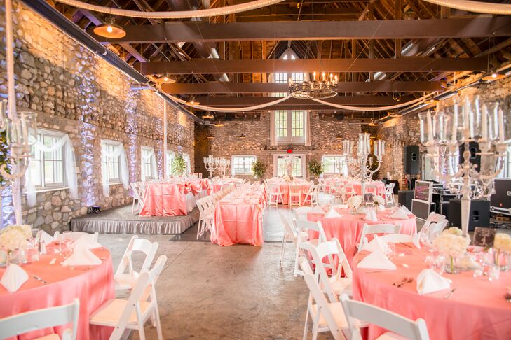 Coral Satin Tablecloths and White Chairs