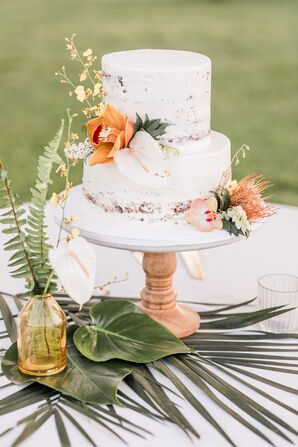 Tropical Semi-Naked Wedding Cake With Orange Orchids