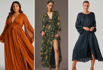 Collage of three fall wedding guest dress ideas