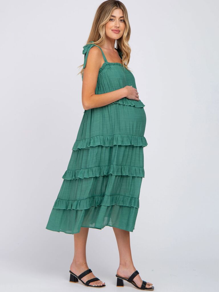 PinkBlush friendly pregnant wedding guest dress with ruffled midi skirt