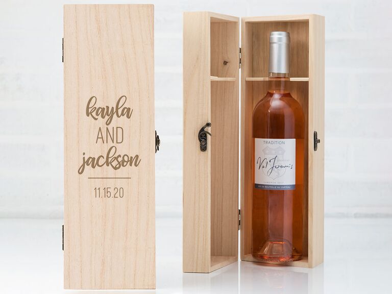 Custom engraved wooden wine box engagement gift from parents