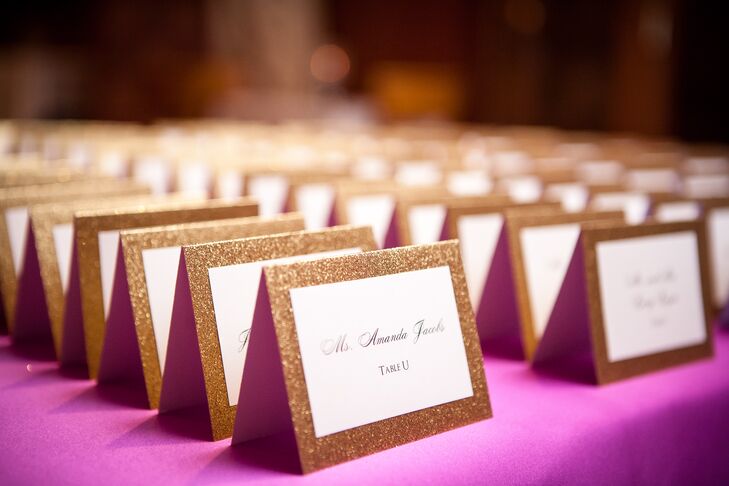 "The escort cards were one of my favorite details," Felicia says of the glittery touch.