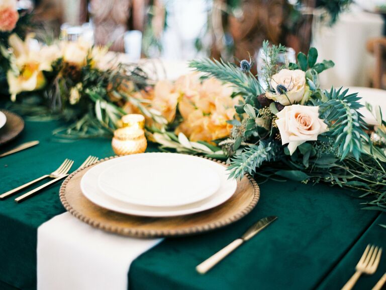 Emerald and caramel fall wedding centerpiece